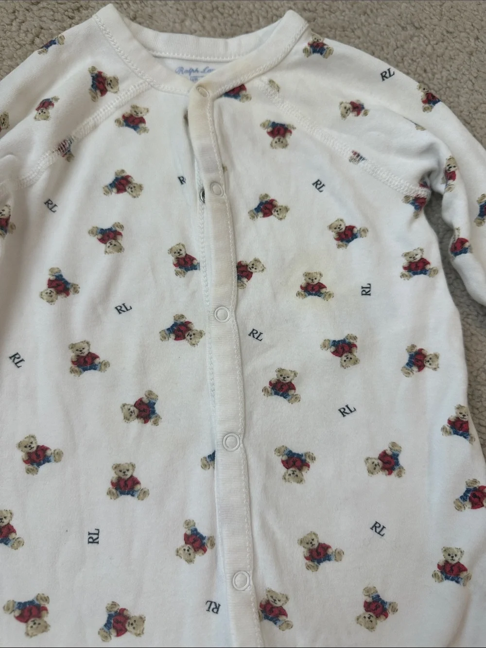 Ralph Lauren Cream Footed One-Piece with Teddy Bear Print
